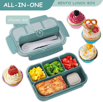 QQKO Bento Box Adult Lunch Box, Bento Box for Kids, 1200 ML Lunch Containers for Adults, Food Storage Container With 4 Compartments, Leak-Proof, Microwave, Dishwasher Safe, Green