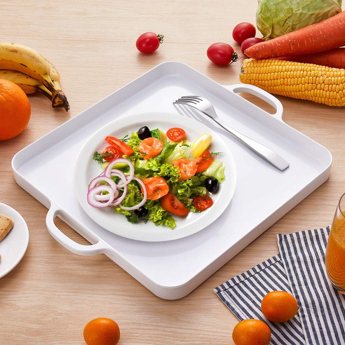 i BKGOO Foodservice Red Plastic Tray with Handle Set of 2 Large Melamine Cube Serving Platters for Parties, Table, Kitchen Size(12.5"x12.5"x1")