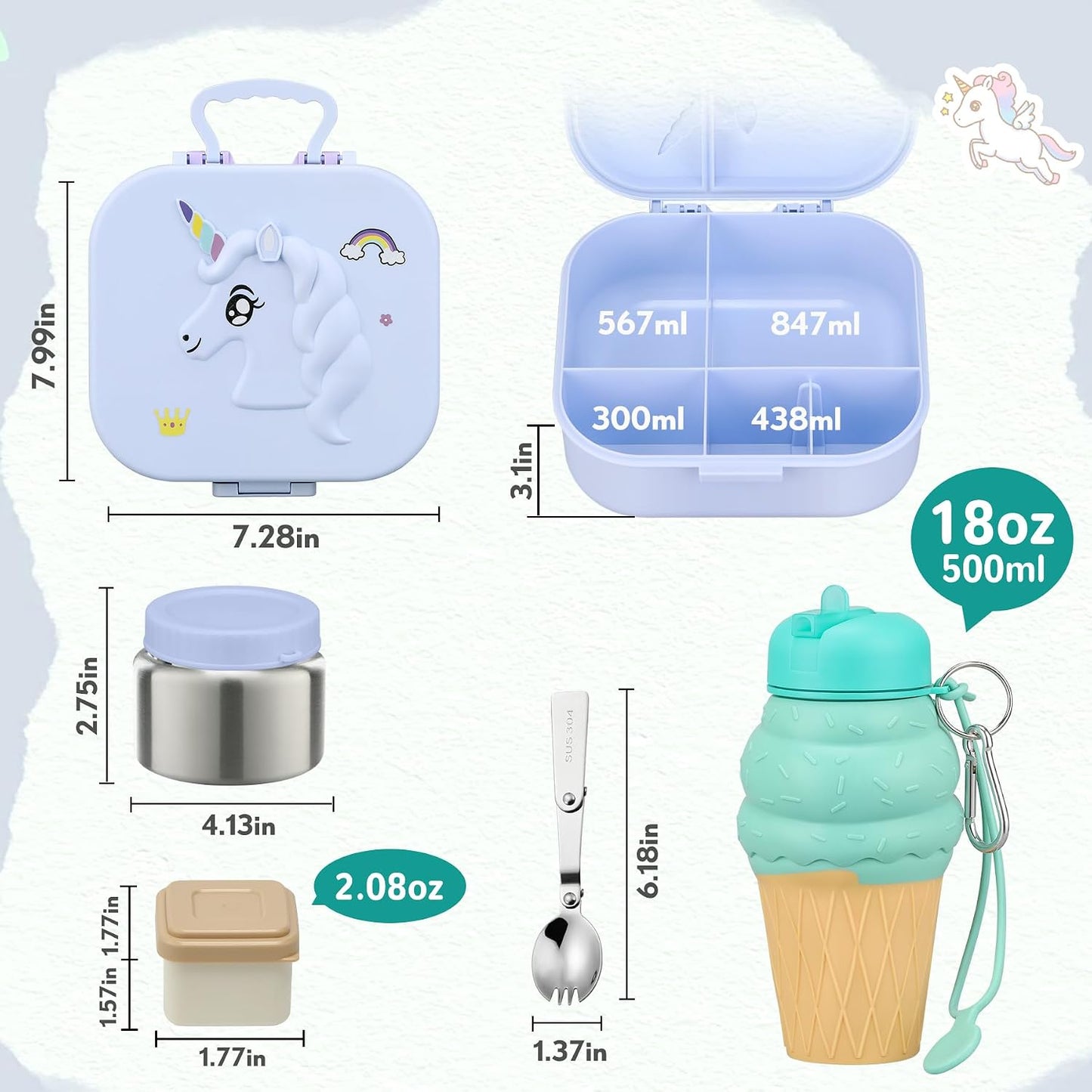 Aimsnk Magical Dinosaur Kids Lunch Box Set -12oz Insulated Food Jar, Leakproof Lunch Food Containers Cutlery, Leak-Proof Sauce Cup & Spoon, Gradient Green+Jar Green