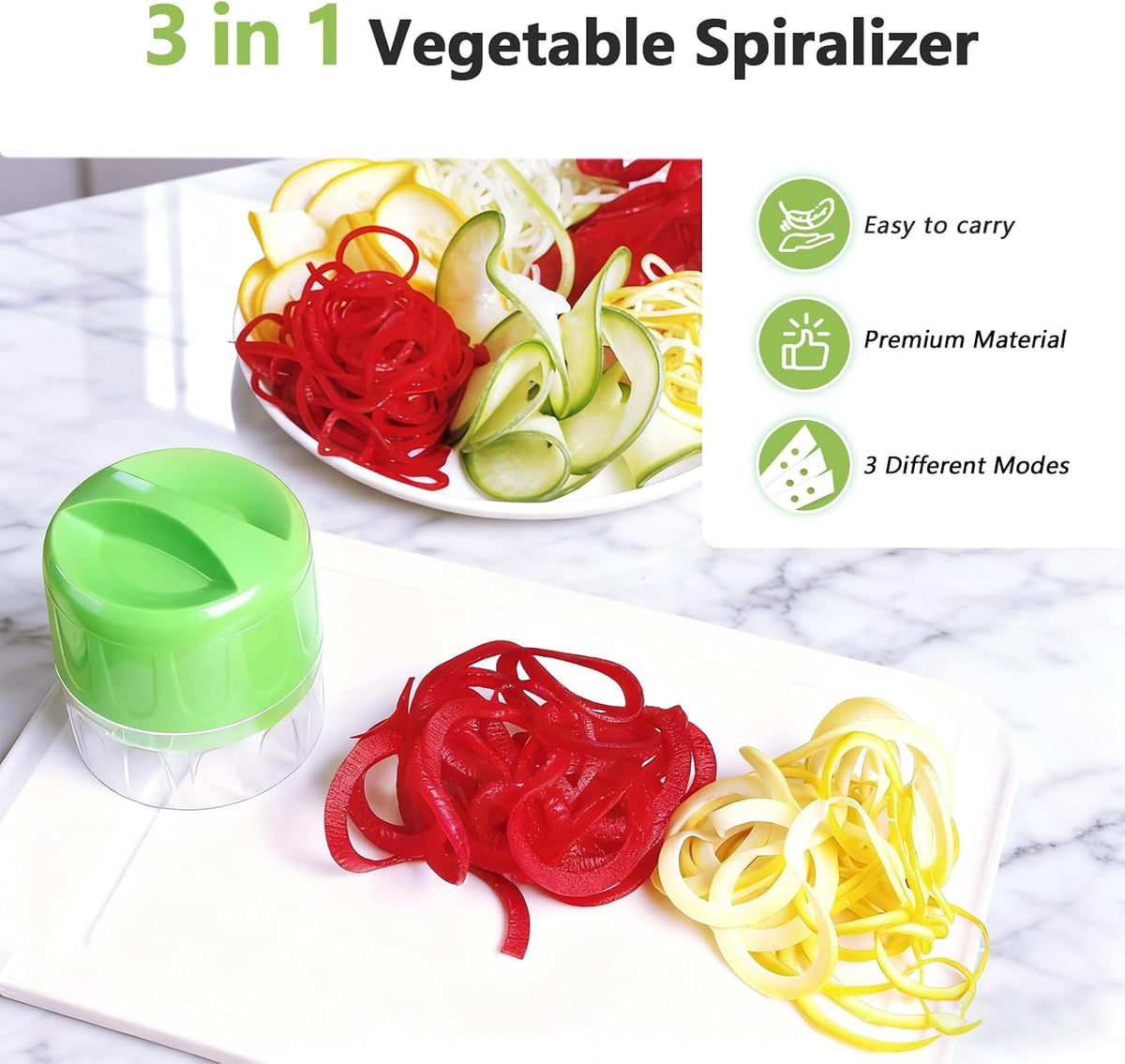 3-in-1 Vegetable Spiralizer Slicer, Adjustable Mandoline Spiral Cutter for Zucchini Noodles, Carrots, Cucumber (Green)