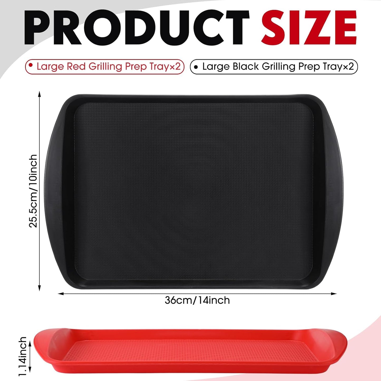 DoubleFill Set of 4 Grilling Prep and Serve Trays, 17x12 Inch 14x10 Inch Large BBQ Platter for Raw and Cooked Food Plastic Grill Tray, Black and Red Stackable Defrosting Grill Prep and Carry System