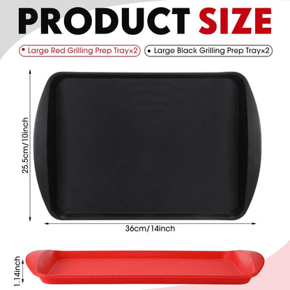 DoubleFill Set of 4 Grilling Prep and Serve Trays, 17x12 Inch 14x10 Inch Large BBQ Platter for Raw and Cooked Food Plastic Grill Tray, Black and Red Stackable Defrosting Grill Prep and Carry System