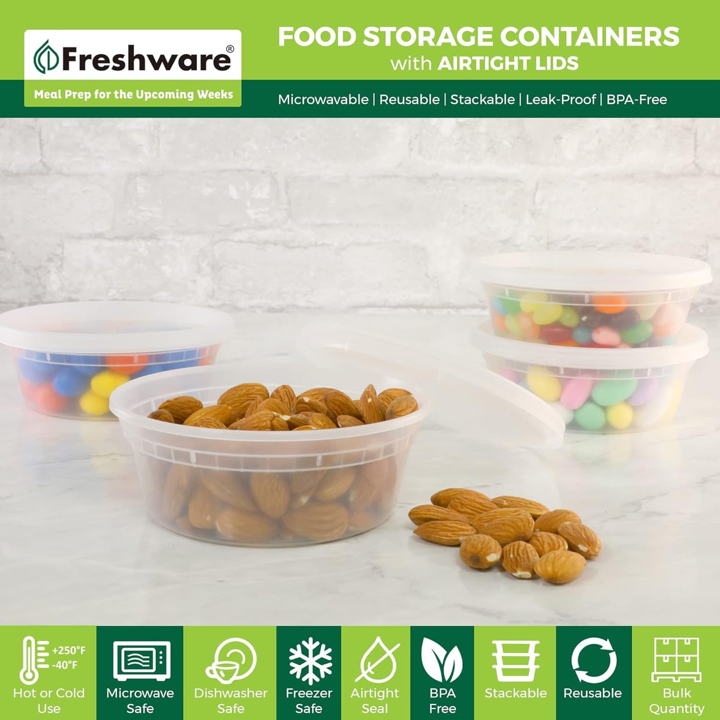 Freshware Food Storage Containers with Lids [60 Pack 8, 16, 32 oz, 20 sets each size] Plastic Deli Containers, Meal Prep Containers, Microwave and Freezer Safe, Stackable, Leakproof, BPA Free, Clear