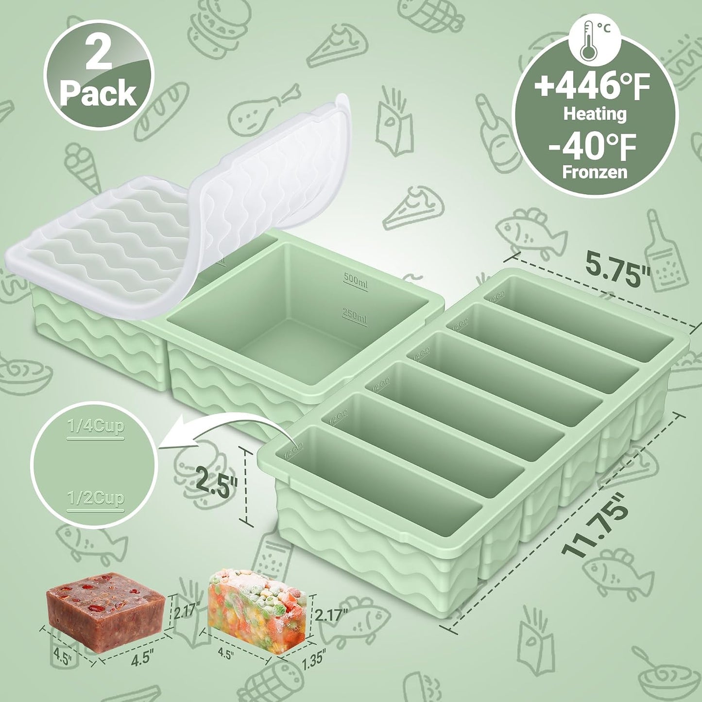 4-Pack Silicone Freezer Trays with Lid,2*【2 Large 2-Cup(500ml)&6 Small 1/2-Cup(125ml)】Soup Freezer Container Molds,Ice Cube Tray For Meal Prep&Freezing Soup,Stews,Sauces,Oven&Dishwasher-Safe