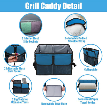Large Grill Caddy with Paper Towel Holder - BBQ Caddy Organizer for Utensil, Condiment - Easy Carry Picnic Caddy - Griddle Caddy for Camping, Travel, RV - 600D Waterproof Oxford Fabric
