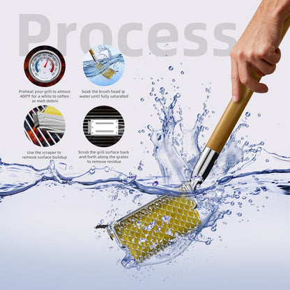 HOUSE AGAIN Grill Brush Bristle Free with Scraper, Safe Steam Cleaned Replaceable Head Fire Resistant Grill Cleaning Brush Strong Barbecue Brush Cleaner Non Wire for Outdoor Grill Grate/Wooden Handle