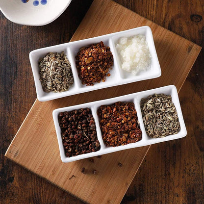 esowemsn 1PC Mini White Ceramic Rectangular 3 Compartment Appetizer Serving Tray Divided Spices Vinegar Nuts Snack Sauce Dishes for Home Kitchen Restaurant