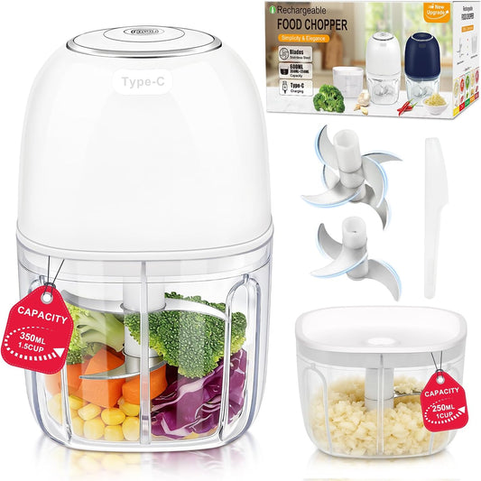 Electric Mini Food Chopper with 2 Plastic Bowls(1Cup&1.5Cup), White