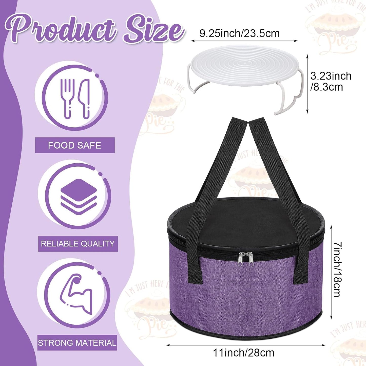 Yaomiao 2 Set Round Pie Carrier 11 x 7 Inch with Dish Tray Plate Stacker Insulated Casserole Carrier with Lid and Handle Reusable Cooler Thermal Bag for Cold Food for Potluck Picnic (Black and Purple)