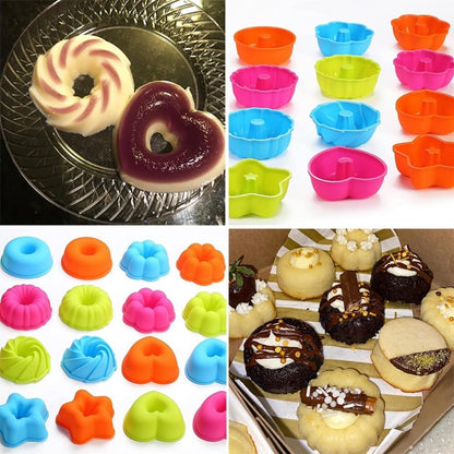 Silicone Muffin Baking Cups, 24 Pack Reusable 6 Shapes Silicone Mini Cupcake Liners for Baking, Nonstick Cupcake Liners Candy Molds Set DIY Cake Tools