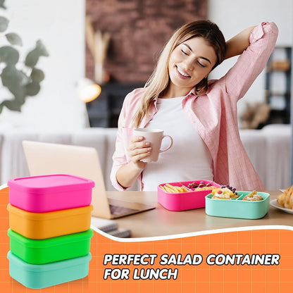 Layhit 4 Pcs Silicone Bento Box for Adults, 27 oz Bento Lunch Container Reusable 3 Compartment Lunchable Food Container for Women Men, Leak Proof Microwave Dishwasher Freezer Safe (Cool Colors)