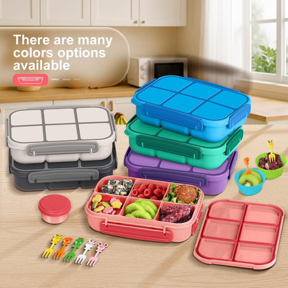 Amathley Lunch Box Kids Girls Boys,Bento Box Adult,Toddler Lunch Containers for School,Leakproof Snack Containers with 6 Compartments,Sauce Container,10 Food Picks and 4 Muffin Cups (Green)