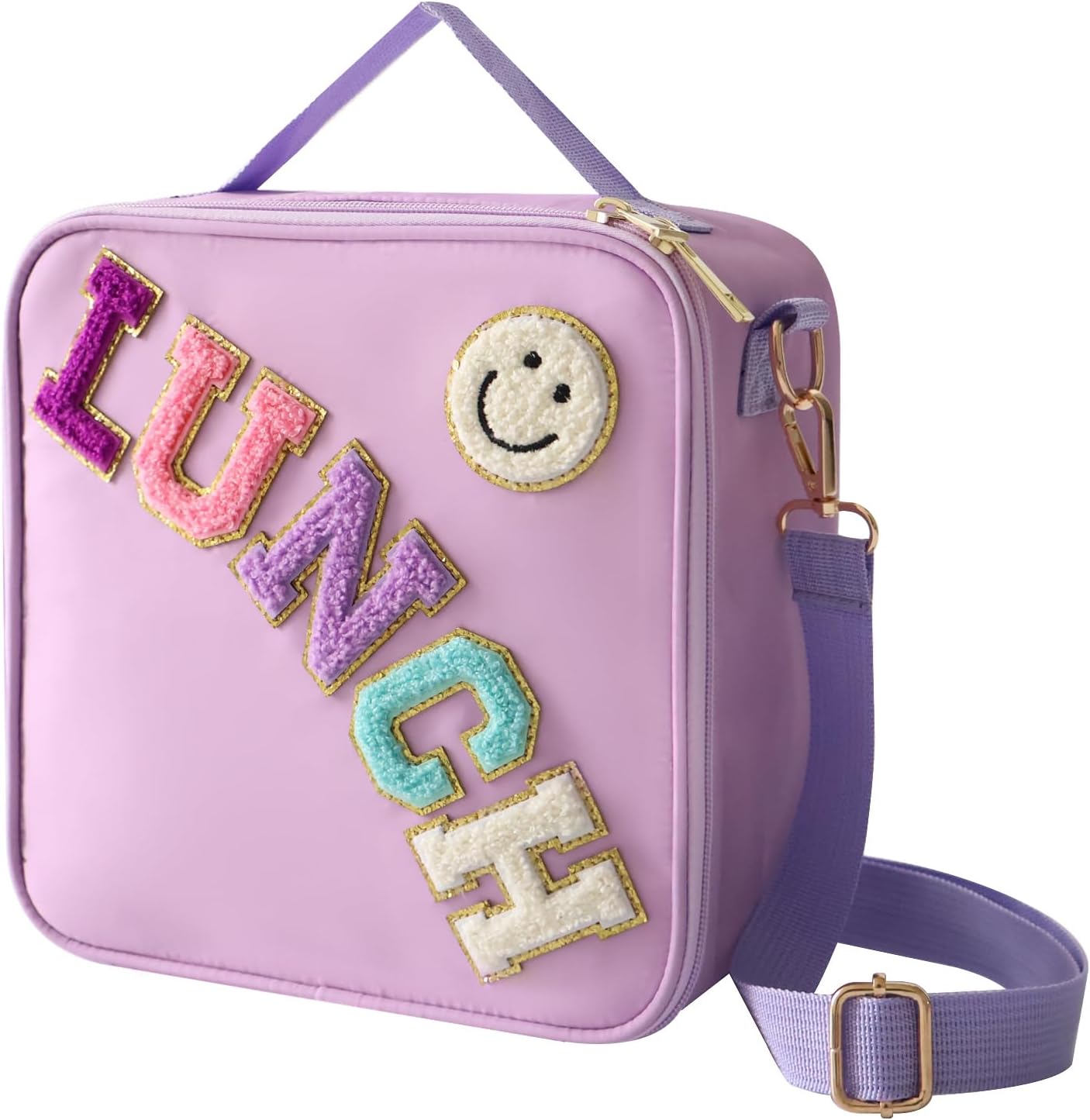 Insulated Lunch Bag With Adjustable Shoulder Strap, Nylon Preppy Lunch Box Large Insulated Lunch Bag Reusable Lunch Tote Bag with Smiley Preppy LunchBag for Girls School Travel Picnic (Green)