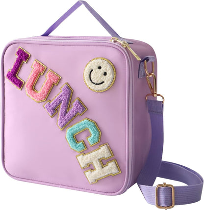 Insulated Lunch Bag With Adjustable Shoulder Strap, Nylon Preppy Lunch Box Large Insulated Lunch Bag Reusable Lunch Tote Bag with Smiley Preppy LunchBag for Girls School Travel Picnic (Green)