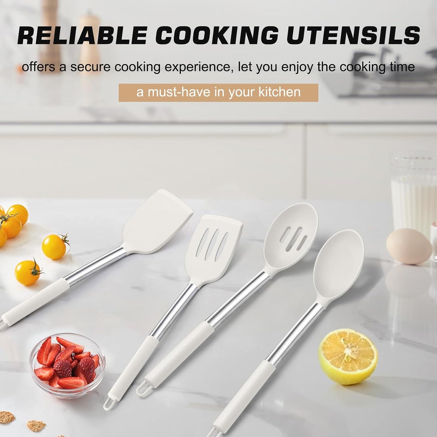 TeamFar Kitchen Utensils, 4 PCS Silicone Cooking Utensils Spatula Spoon Set with Stainless Steel Handle, for Frying Mixing Draining Turning, Healthy & Heat-proof, Non-stick & Dishwasher Safe - Black