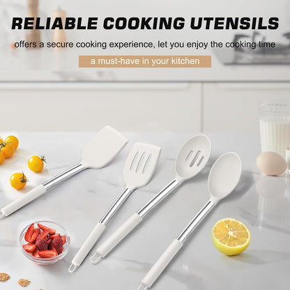 TeamFar Kitchen Utensils, 4 PCS Silicone Cooking Utensils Spatula Spoon Set with Stainless Steel Handle, for Frying Mixing Draining Turning, Healthy & Heat-proof, Non-stick & Dishwasher Safe - Black