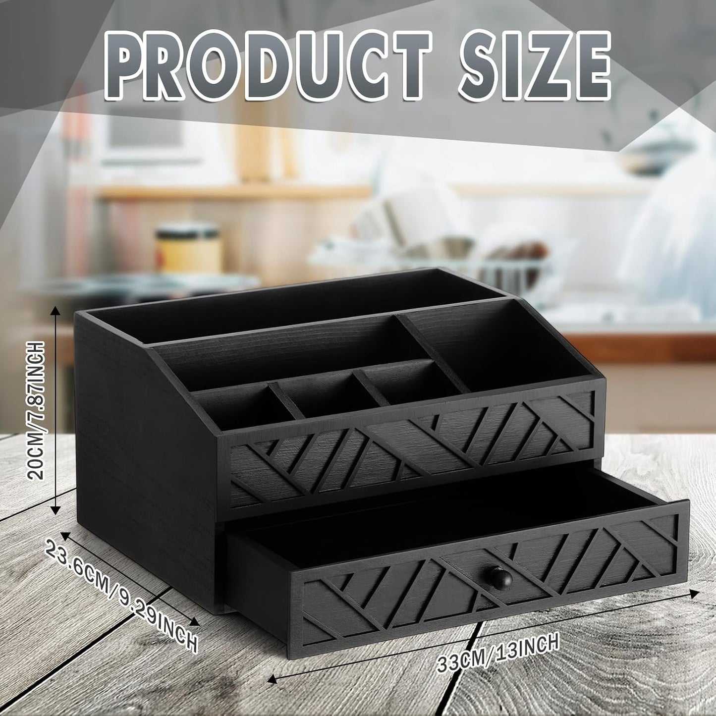Marsui Paper Plate Dispenser, Wood Rustic Paper Plate Holder for Countertop with Drawer Silverware Utensil Caddy, Cutlery Flatware Organizer for Spoon Fork Napkins Kitchen Parties(Black)