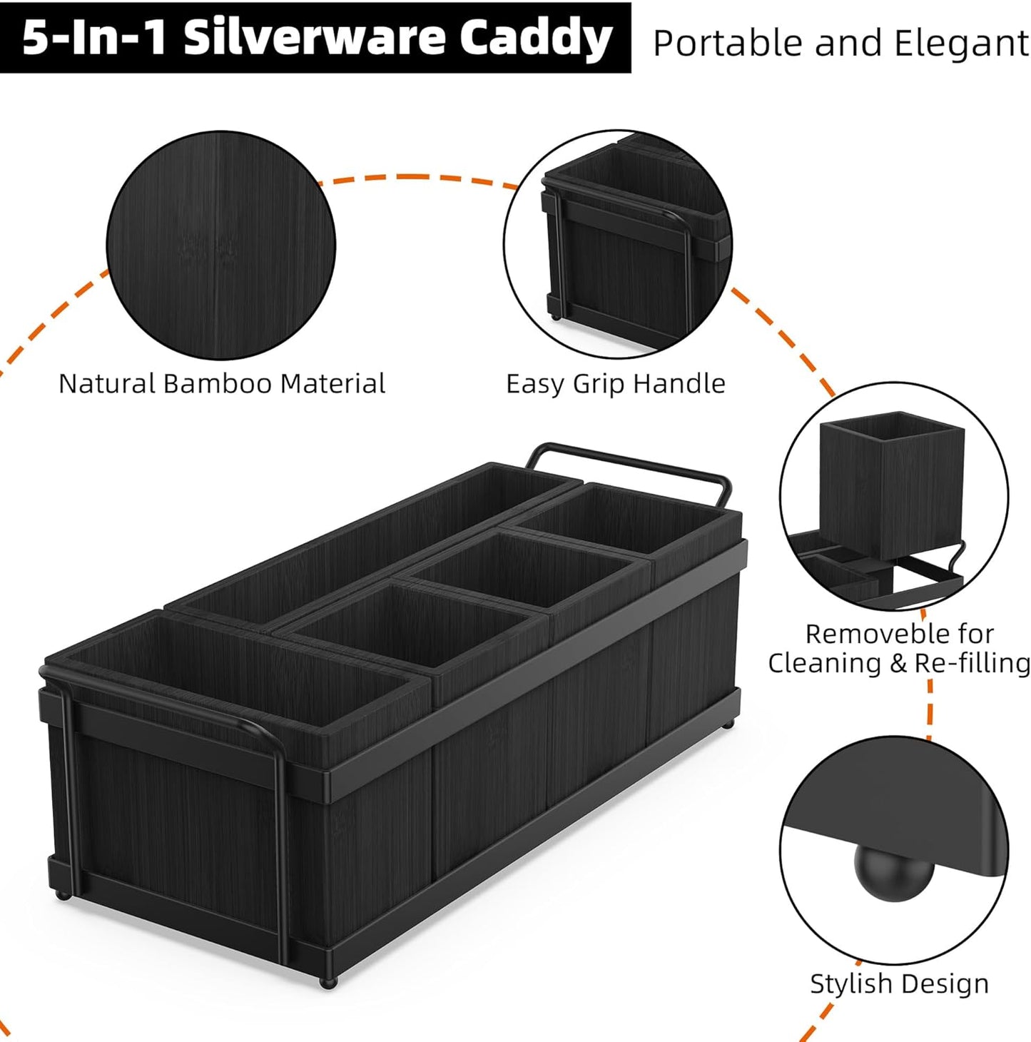 Silverware Caddy for Party, Wood Utensil Caddy with 4 Removable Compartments for Kitchen Countertop Organizing Paper Plate, Fork, Spoon, Napkin