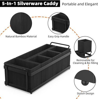Silverware Caddy for Party, Wood Utensil Caddy with 4 Removable Compartments for Kitchen Countertop Organizing Paper Plate, Fork, Spoon, Napkin