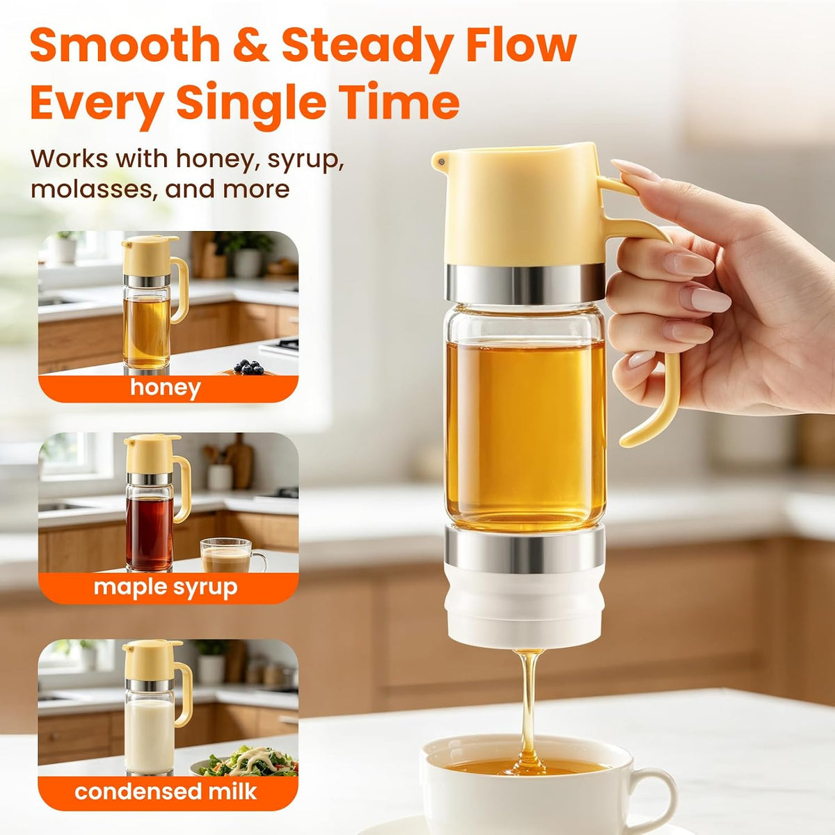 Glass Honey Dispenser Push-Button with Handle (Yellow), No Drip Glass Jar, Leak-Proof Bottom: One-Handed Press to Serve Honey or Syrup onto Coffee, Tea, Pancakes & Desserts (Yellow, 9, ounces)
