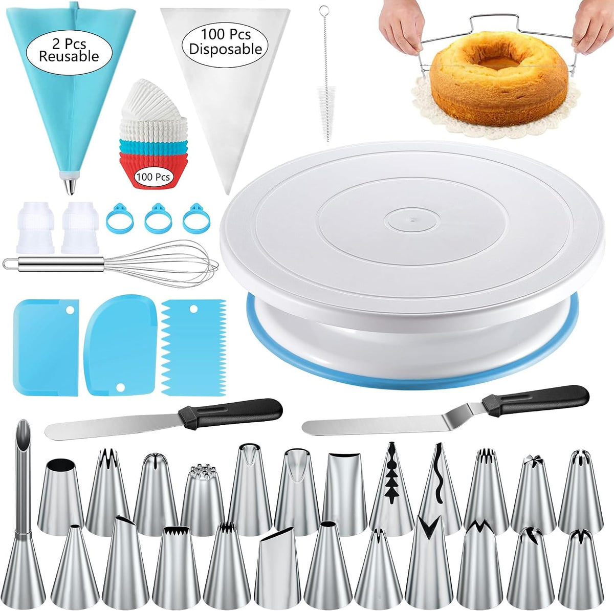 Cake Decorating Kit - Baking Supplies with 4 Springform Pans, Rotating Turntable, Decorating Tools, Cake Baking Supplies Set for Beginners