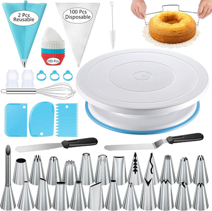 Cake Decorating Kit - Baking Supplies with 4 Springform Pans, Rotating Turntable, Decorating Tools, Cake Baking Supplies Set for Beginners