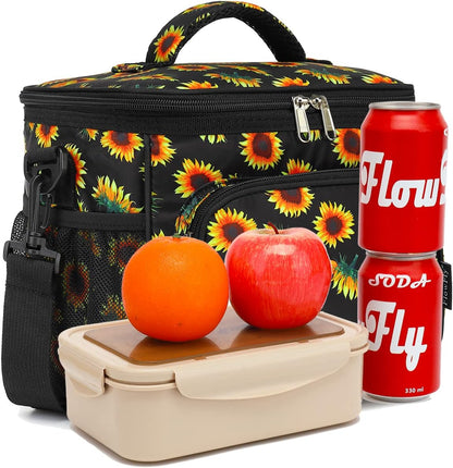 FlowFly Insulated Reusable Lunch Bag Adult Large Lunch Box for Women and Men with Adjustable Shoulder Strap,Front Zipper Pocket and Dual Large Mesh Side Pockets,Cherry - Colors B