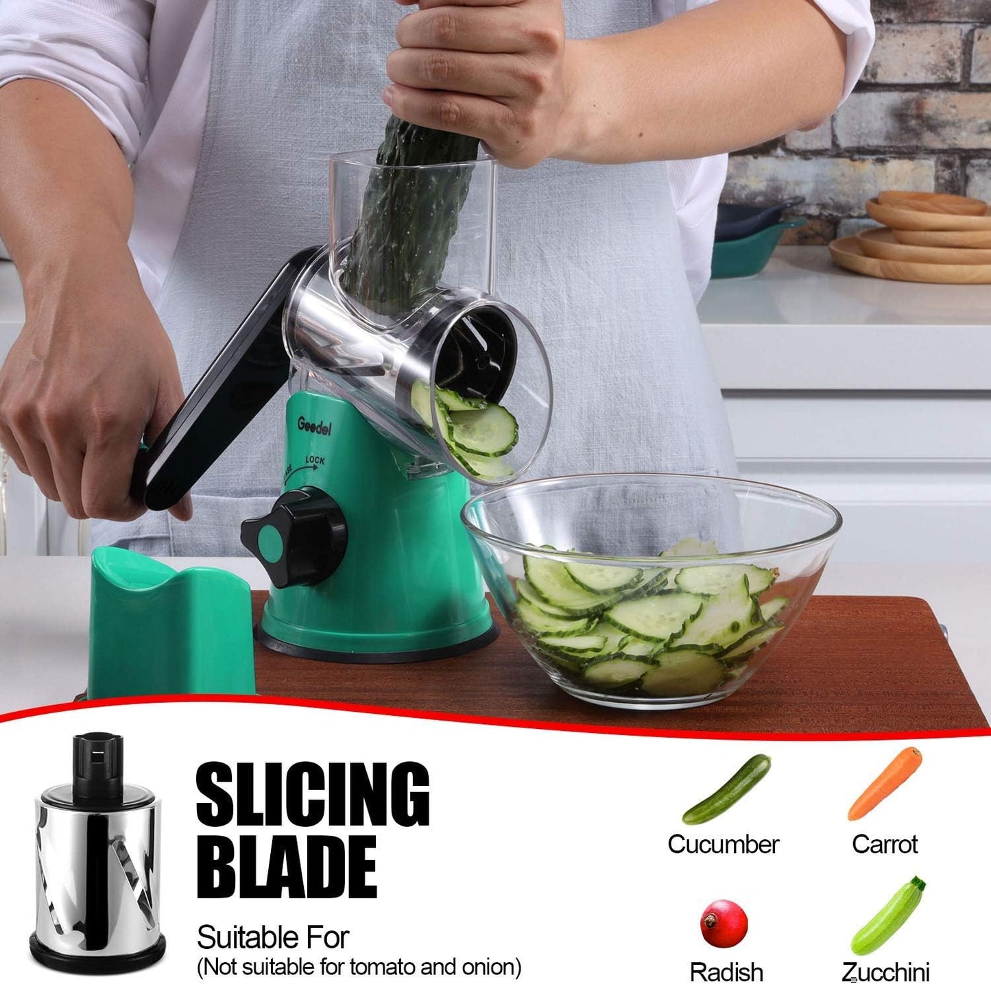 Geedel Rotary Cheese Grater, Kitchen Mandoline Vegetable Slicer with 3 Interchangeable Blades, Easy to Clean Rotary Grater Slicer for Cheese, Vegetables, Nuts