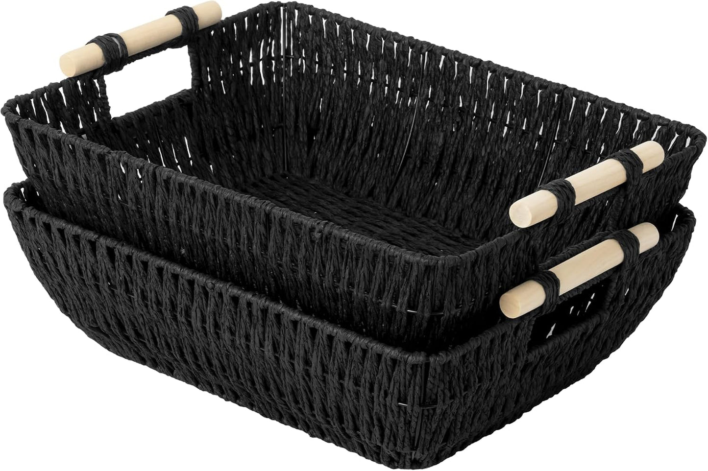 StorageWorks Hand-Woven Storage Baskets with Wooden Handles, Water Hyacinth Wicker Baskets for Organizing, 2 Pack