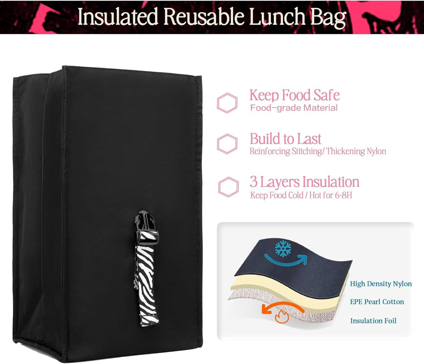 SUNNY BIRD Insulated Lunch Bag Pink Lunch Box Small Cooler Bag for Women, Girls, Adults and Teens (Pink)
