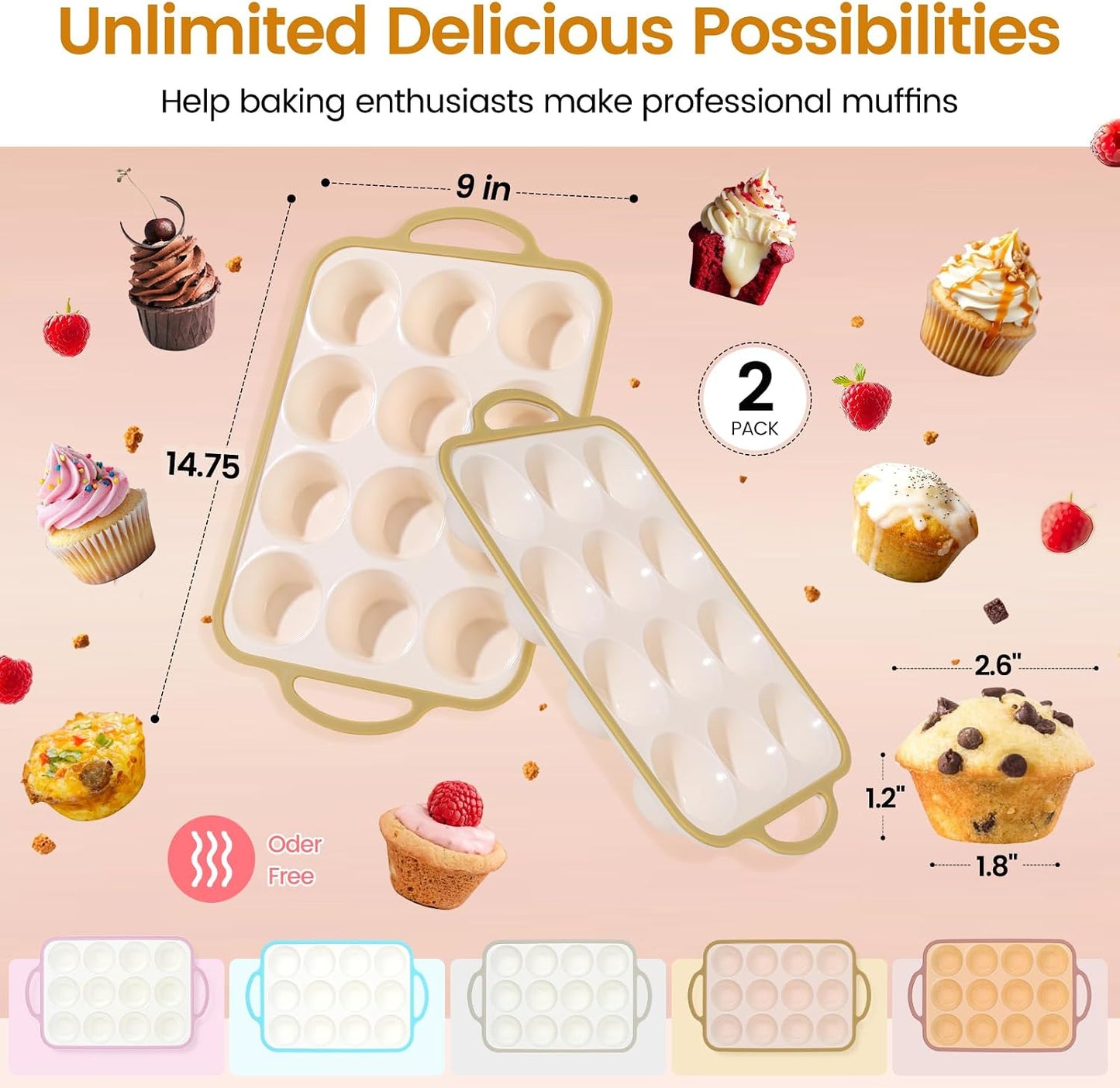 Silicone Muffin Pans for Baking 2 Pack, 2.6 Inch with Metal Reinforced Frame, Regular Size Nonstick Cupcake Pan 12 Cups for Baking Homemade Muffins, Dishwasher Safe BPA Free-Blue