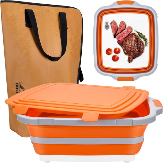 Collapsible Large BBQ Prep Tub & BBQ Resting Bag, Portable Smoking BBQ Blanket Prep Bucket for Resting Meat, Meal Prep, Marinating, 3in1 Foldable Meat Prep Tub Cutting Board with Locking Lid