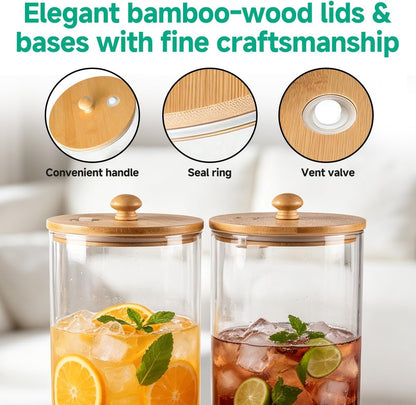 2 Gallon 2 PCS (4 gallon) Beverage Dispenser With Bamboo Wood Stand,Large Glass Drink Dispenser for Parties,Large Water Dispensers with Spigot,Juice Containers & Water Pitcher,Lemonade Dispenser