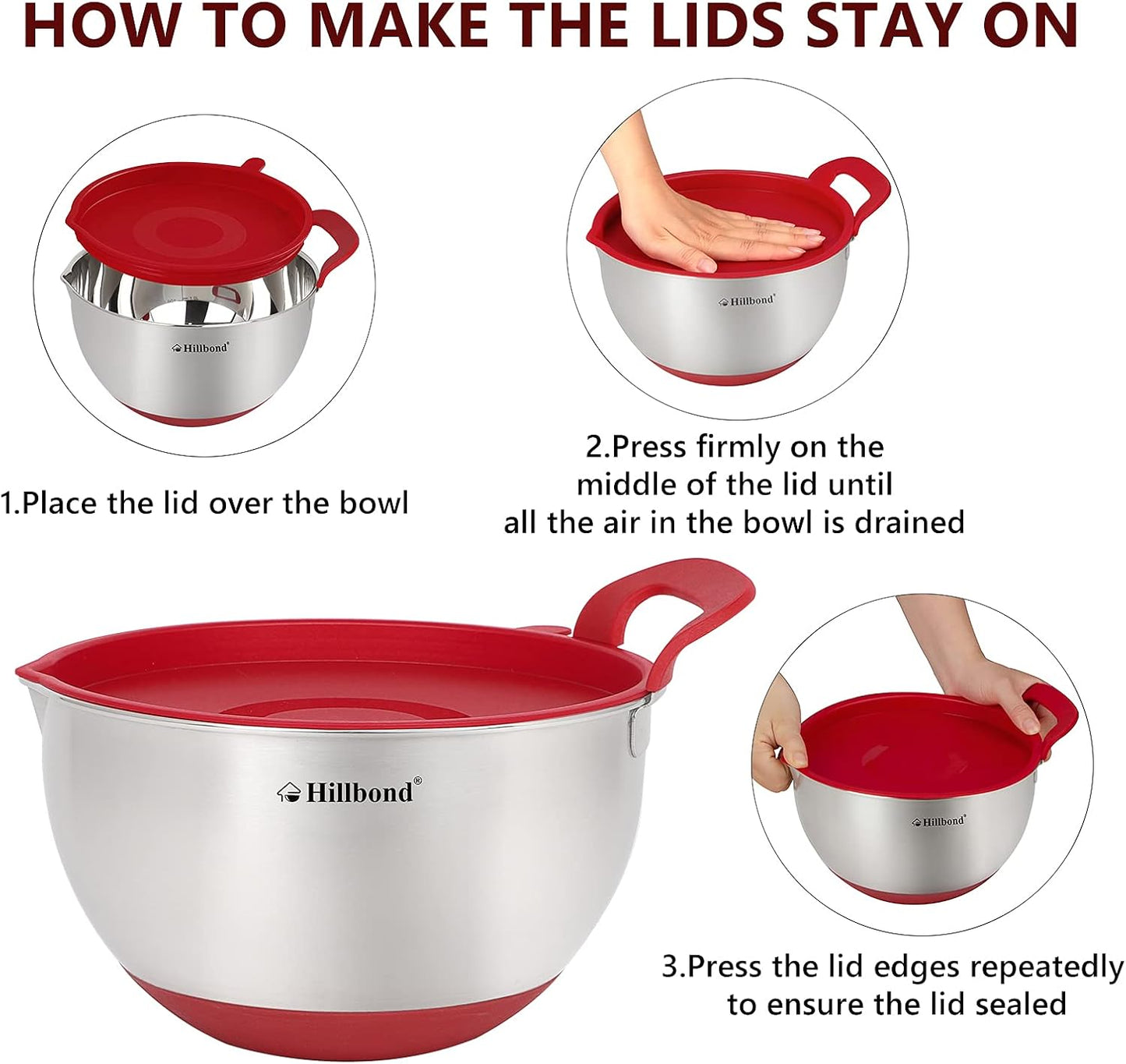 Hillbond Stainless Steel Bowls with Lids Set Mixing Bowls with Pour Spout, Silicone Handle and Non-Slip Bottoms for Baking, Metal Bowls Mixing Dishwasher Safe, Set of 3, Mother’s Day Gift (Black)