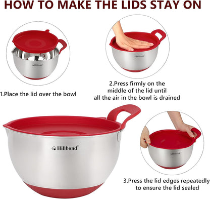 Hillbond Stainless Steel Bowls with Lids Set Mixing Bowls with Pour Spout, Silicone Handle and Non-Slip Bottoms for Baking, Metal Bowls Mixing Dishwasher Safe, Set of 3, Mother’s Day Gift (Black)