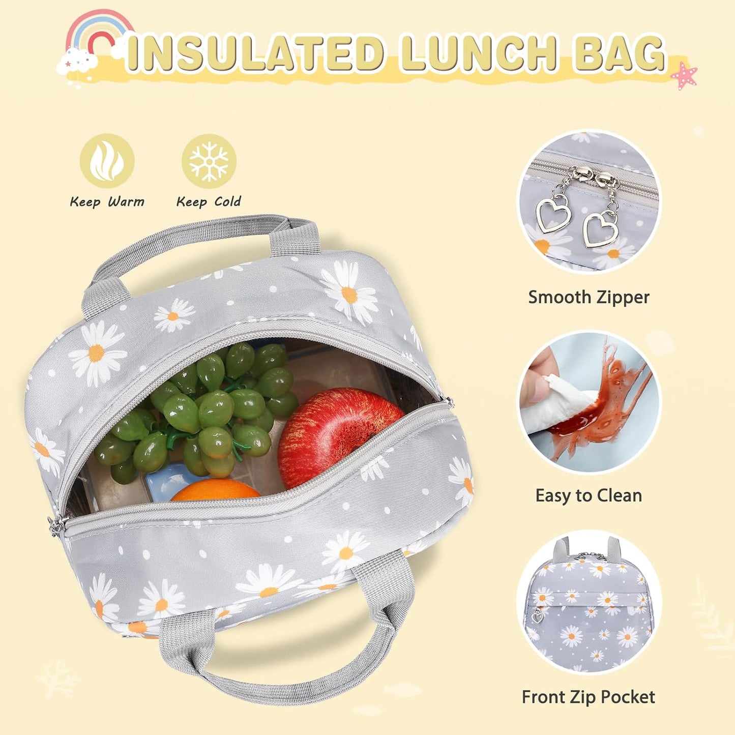 ACESAK Girls Backpack - Bento Box with Insulated Lunch Bag Pencil Case & Utensils Set for Kids, 6 Leakproof Compartments Removable Tray Lunches or Snack Container for School (Gray Daisy)