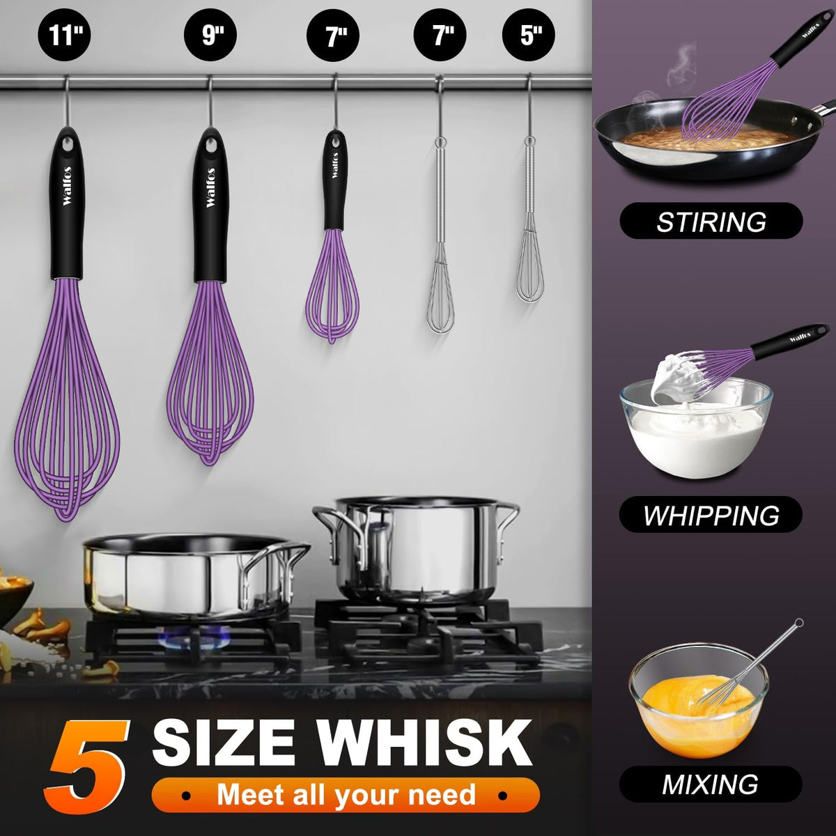 Walfos Silicone whisk,Whisks for Cooking Non Scratch, BPA Free whisk set of 4, 7+9+11in Balloon Whisks & 11in Flat Whisk, Heat Resistant(480°F).Great for Cooking in Pans, Baking, Whisking.Blue