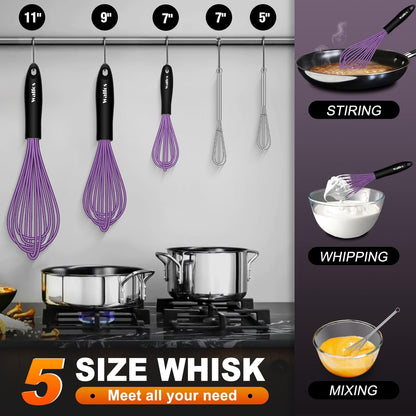 Walfos Silicone whisk,Whisks for Cooking Non Scratch, BPA Free whisk set of 4, 7+9+11in Balloon Whisks & 11in Flat Whisk, Heat Resistant(480°F).Great for Cooking in Pans, Baking, Whisking.Blue