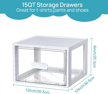 Vtopmart 2 Pack Clear Stackable Storage Drawers 15QT, Easily Assemble Closet Organizers,Plastic Storage Bins for Bathroom,Cabinet,Kitchen Pantry,Under Sink Organization(Medium)