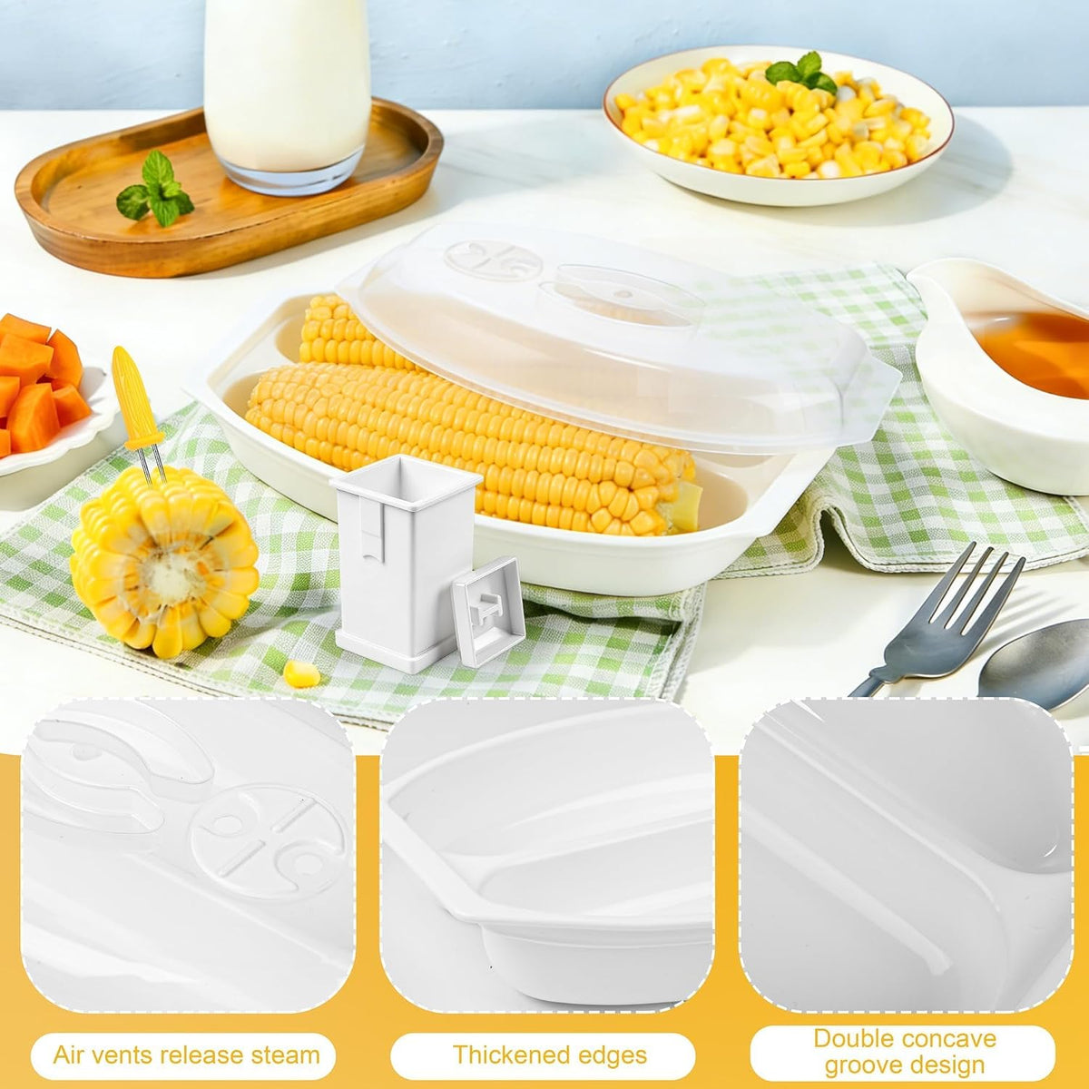 Aneco 2 Piece Microwave Corn Steamer with Lid for Frozen Corns Broccolini Vegetables Dishwasher Safe Corn on The Cob Cooker Holders Butter Dispenser, White