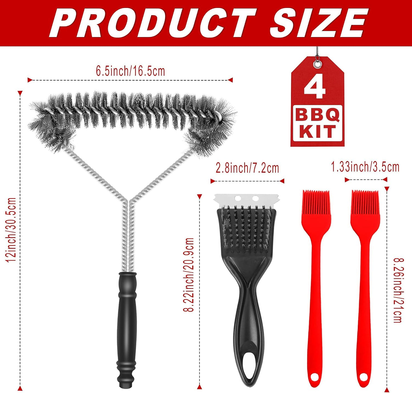 BBQ Master 4-Piece Grill Cleaning Kit, Heavy Duty Wire Brush and Scraper Set with Silicone Basting Brushes, Black and Red, 8.22 Inch Length, for Gas and Charcoal Grills