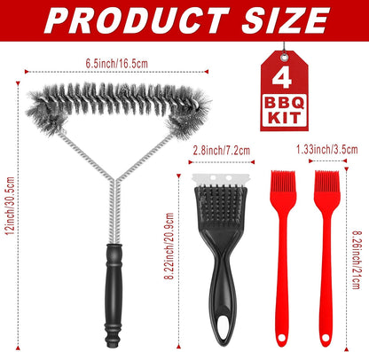 BBQ Master 4-Piece Grill Cleaning Kit, Heavy Duty Wire Brush and Scraper Set with Silicone Basting Brushes, Black and Red, 8.22 Inch Length, for Gas and Charcoal Grills