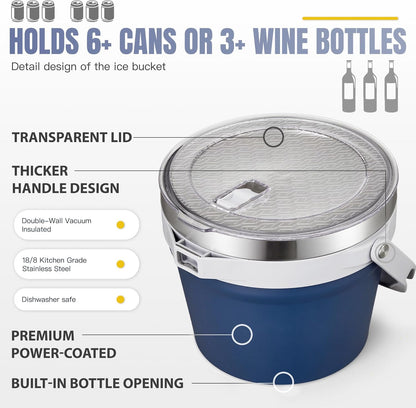 COKTIK 7L Vacuum Insulated Ice Bucket with Lid and Scoop& Tongs，Large capacity Stainless Steel Beverage Bucket for Cocktail, Champagne, Wine, Beer，Large Parties（Milk White Suit）