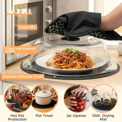 Glass Microwave Splatter Cover for Food with Silicone Trivet