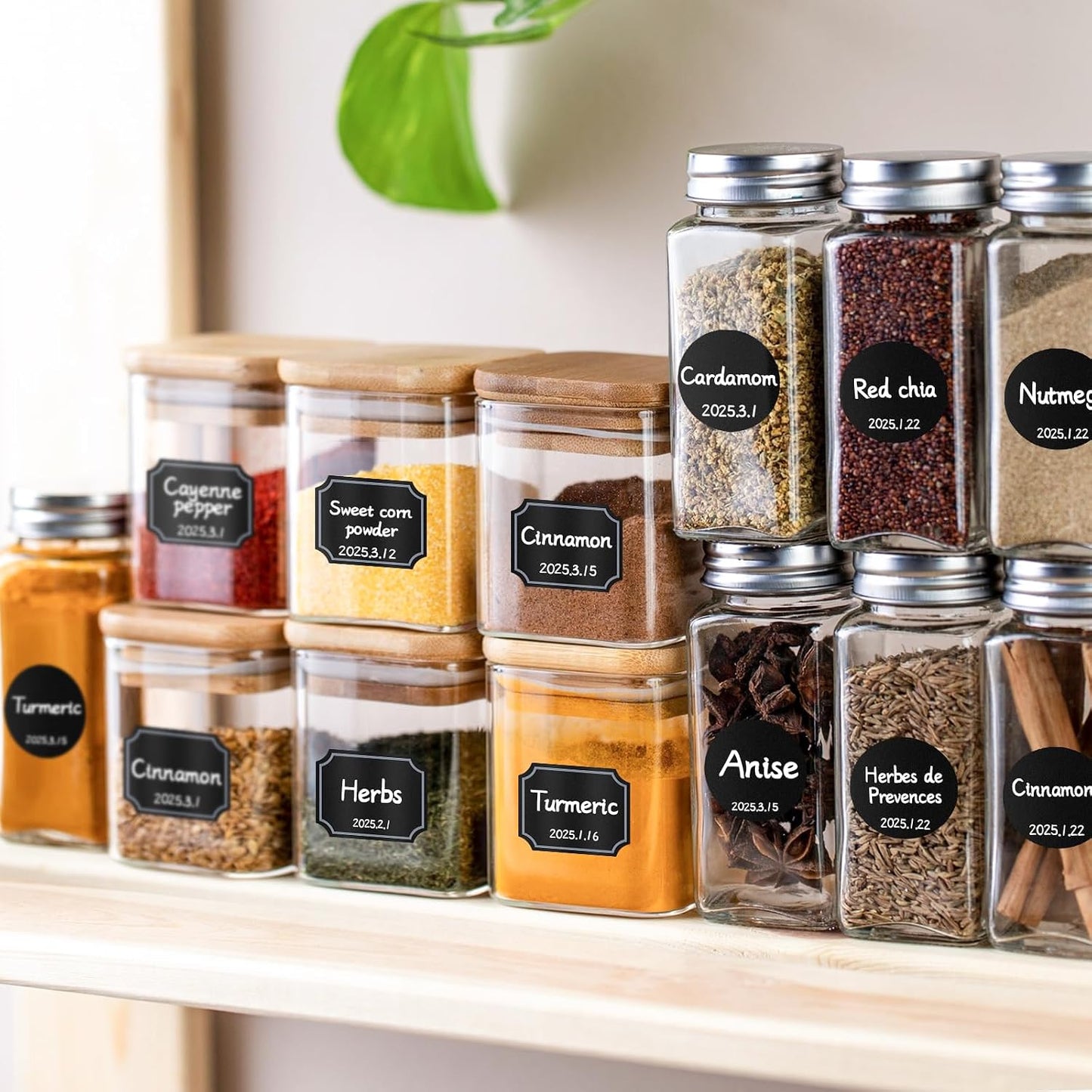 Segarty Food Label Stickers, 300 Pcs Blank Expiration Date Stickers to Write On, with 1 Black Pen, Waterproof Removable Freezer Labels for Glass Spice Jars, Canister, Food Container