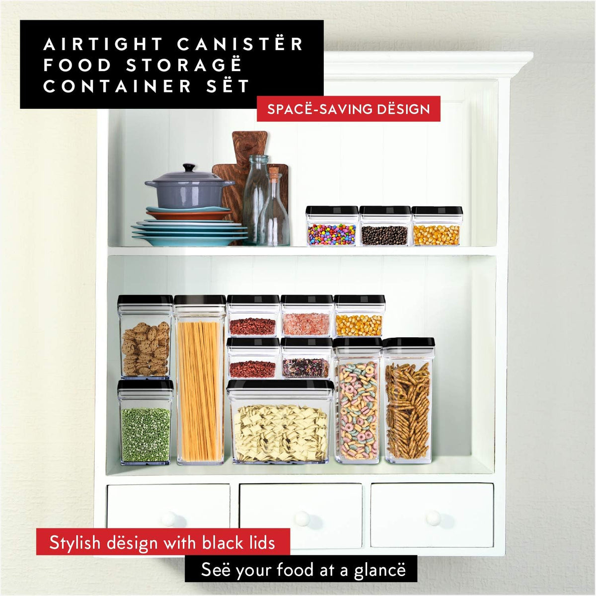 DWËLLZA KITCHEN Large Airtight Food Storage Containers - Clear Plastic Bulk Food Pantry & Kitchen Storage Containers for Flour, Sugar and Baking Supplies 4 Pcs. BPA-Free, Keeps Fresh & Dry (Black)
