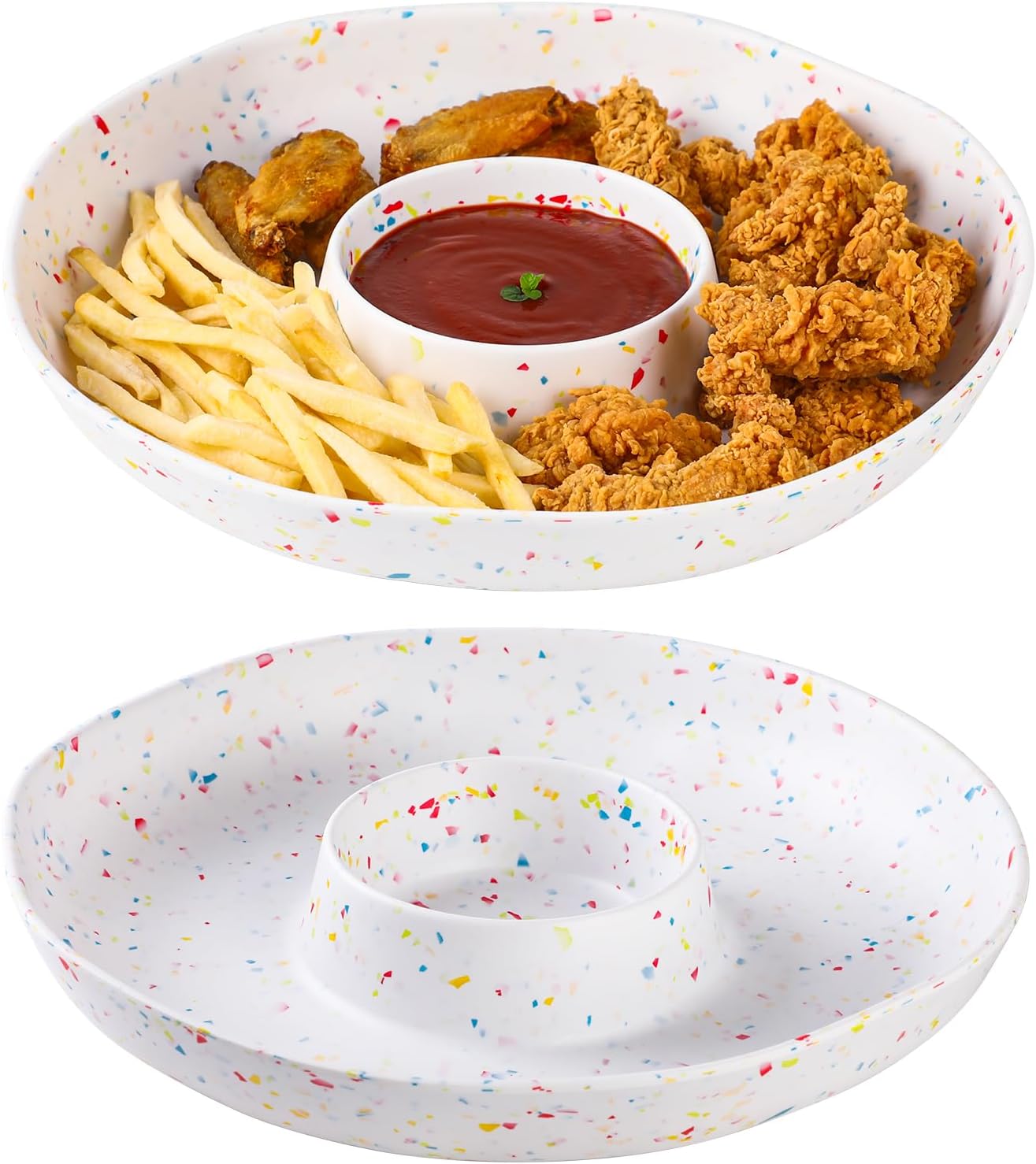 Melamine Chip & Dip Serving Platter Set of 2, 13 Inch Large Melamine Divided Bowls Set, Lightweight and Unbreakable Relish Tray for Appetizers, Snacks, Veggies, Candy - Elegant White Confetti Design