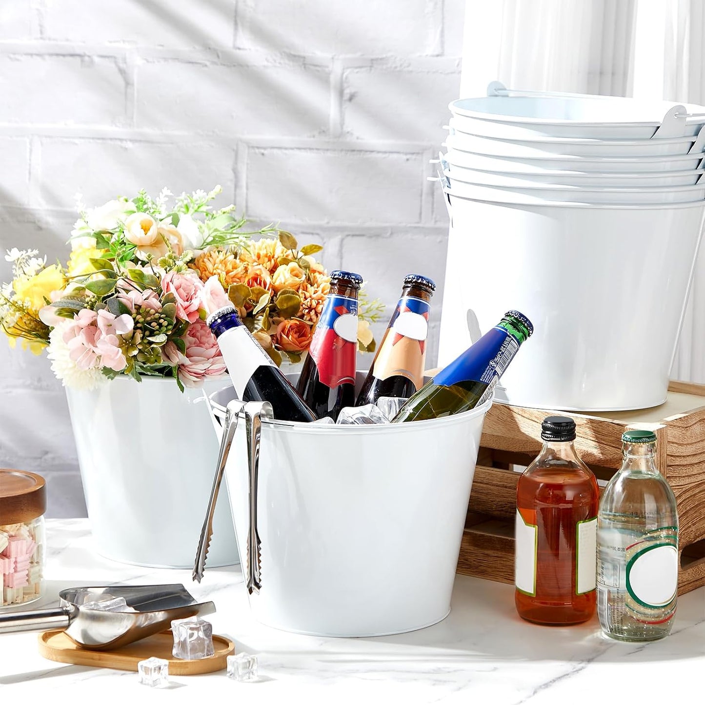 Zopeal 12 Pcs Galvanized Beer Bucket Set, Includes 8 Metal Ice Buckets 5qt with 2 Scoops & 2 Tongs, Round Slive Pails Bulk for Weddings Birthday Beach Pool Party Supplies Summer Table Centerpieces