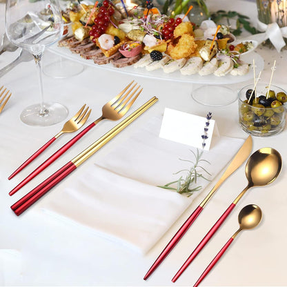 AARAINBOW 8 Pieces Stainless Steel Flatware Set Portable Reusable Cutlery Set Travel Utensils Set Including Chopsticks Knife Fork Spoon Straws Cleaning Brush Dishwasher Safe (Pink Golden)