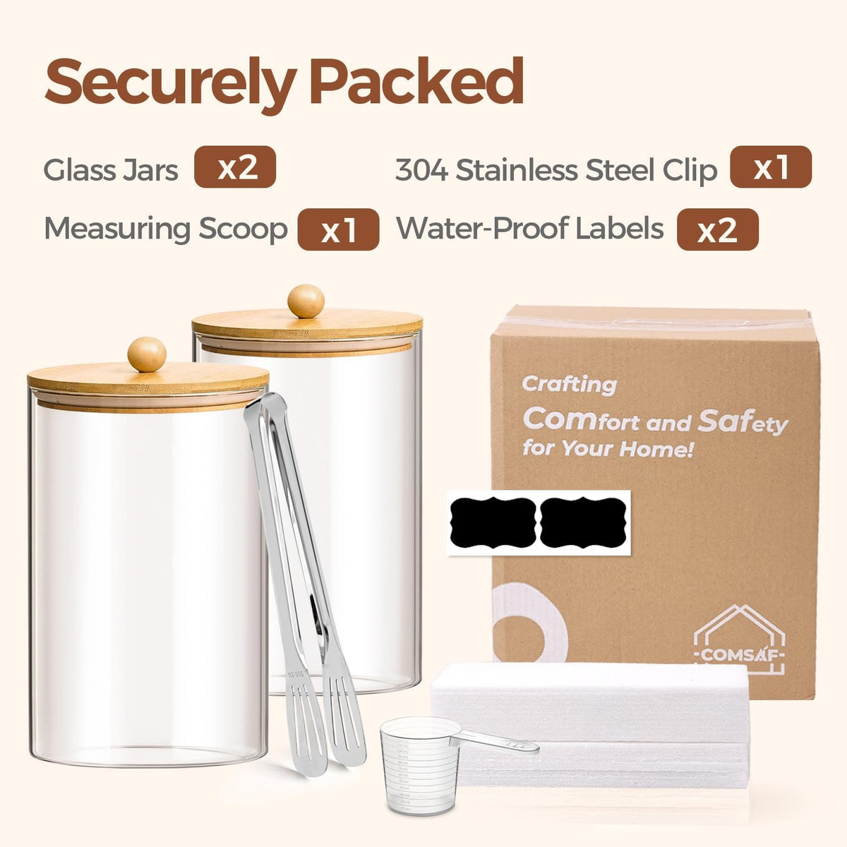 ComSaf Glass Storage Jars with Bamboo Lids 4.6 Qt 2 Pack Large Wide Mouth | Pantry organization, Flour Sugar Coffee Beans, Pasta Cereal Dry Food, 1.2 Gallon, Cabinet Organization, Dry Food Storage